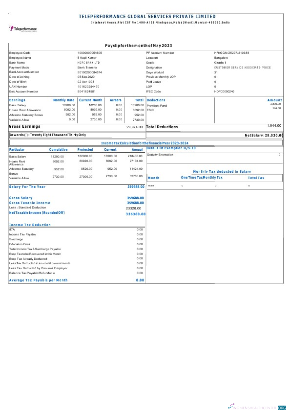 Download Teleperformance Global Services payslip Photoshop template